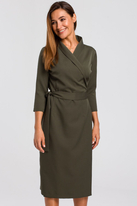 Elegancka sukienka biznesowa kopertowa midi z paskiem w talii zielona