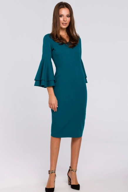 Sukienka na wesele elegancka z bufiastymi rękawami morski