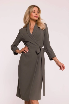 Elegancka sukienka ołówkowa kopertowa z wiązaniem khaki