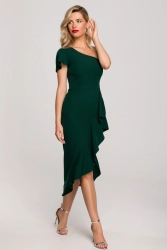 Wieczorowa sukienka na jedno ramię z falbaną zielona