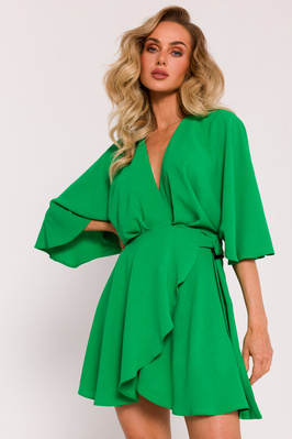 Kopertowa sukienka mini z szerokimi rękawami zielona