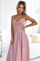 Długa sukienka na wesele rozkloszowana na ramiączkach różowa