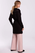 Długi kardigan ażurowy sweter z paskiem czarny