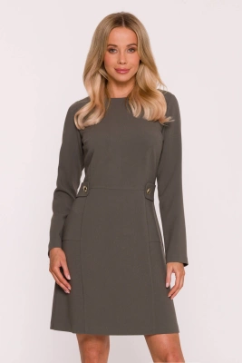 Elegancka sukienka trapezowa z patkami w talii khaki