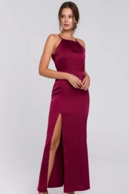 Długa sukienka wieczorowa na wesele halter neck bordo satyna