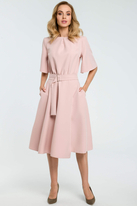 Sukienka elegancka rozkloszowana z paskiem pudrowy róż