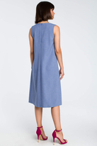 Lniana sukienka trapezowa na lato bez rękawów z marszczeniem niebieska