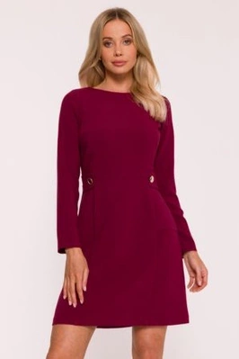 Elegancka sukienka trapezowa z patkami w talii bordowa
