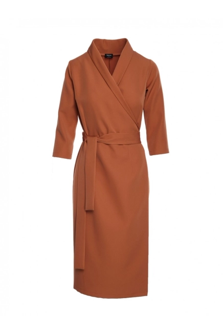 Elegancka sukienka biznesowa kopertowa midi z paskiem ruda