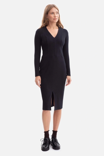 Bawełniana sukienka dzianinowa ołówkowa z dekoltem V czarna