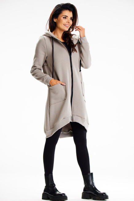 Długa bluza damska z kapturem i kieszeniami szary