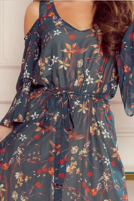 Sukienka szyfonowa w kwiaty z wycięciami na ramionach zielona