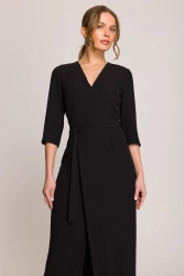 Elegancka sukienka midi z dekoltem V i rozcięciem czarna