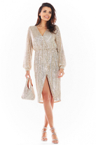 Sukienka cekinowa z dekoltem V i gumą w pasie asymetryczna szampańska