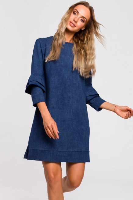 Sukienka trapezowa z bawełnianej dzianiny z nadrukiem jak jeans