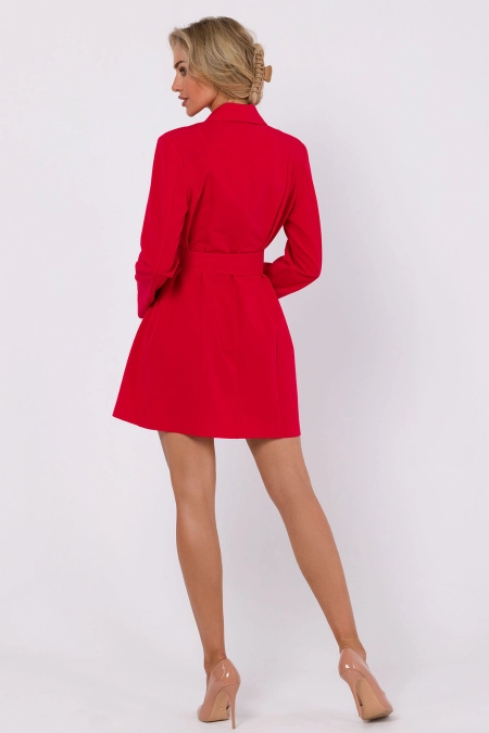 Sukienka żakietowa z kołnierzem i paskiem w talii czerwona