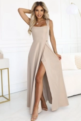 Długa suknia wieczorowa rozkloszowana szampańska z błyskiem