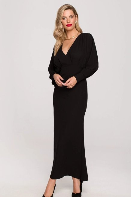Długa wieczorowa sukienka rybka z bufiastymi rękawami czarna