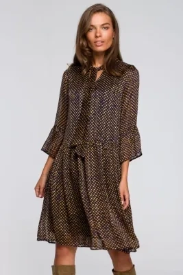 Sukienka rozkloszowana szyfonowa z dekoltem V granatowa w groszki