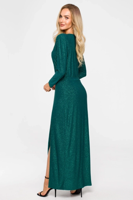 Suknia wieczorowa z rozcięciem długi rękaw butelkowa zieleń