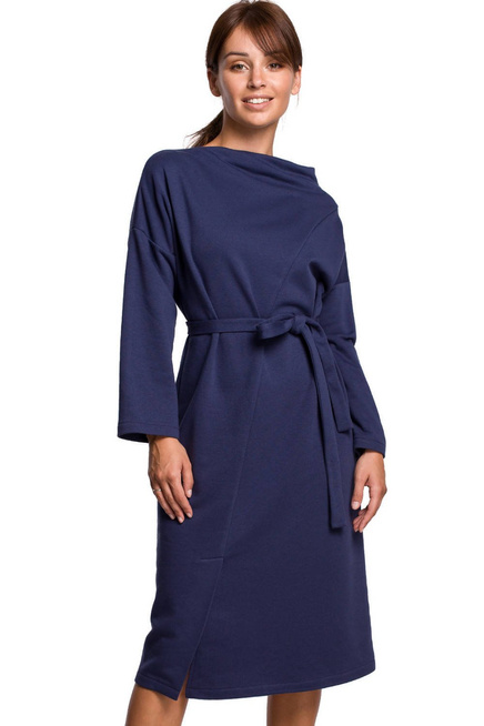 Bawełniana sukienka dzianinowa z paskiem asymetryczny dekolt niebieska