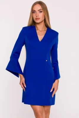 Elegancka sukienka z szerokimi mankietami dekolt V chabrowa