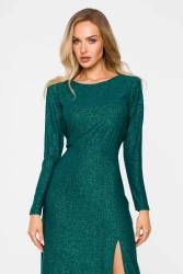 Suknia wieczorowa z rozcięciem długi rękaw butelkowa zieleń