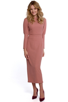 Elegancka długa sukienka ołówkowa z rozcięciem pudrowa 