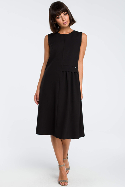 Lniana sukienka trapezowa na lato bez rękawów z marszczeniem czarna