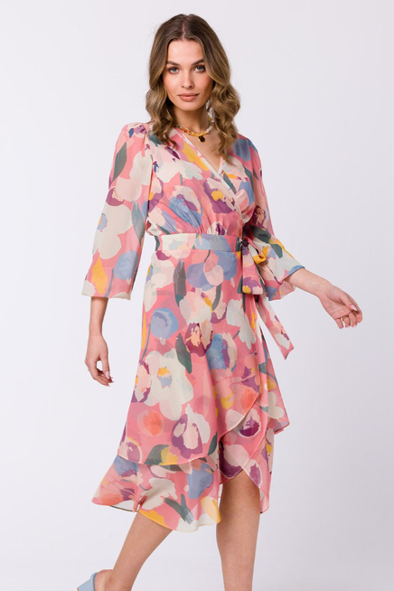 Zwiewna sukienka szyfonowa kopertowa z wiązaniem pastelowa