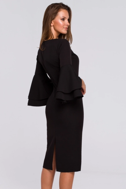 Ołówkowa sukienka wieczorowa z bufiastymi rękawami czarna