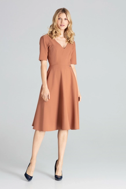 Rozkloszowana sukienka midi z dekoltem V brązowa