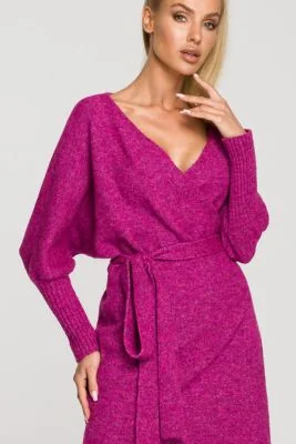 Sukienka sweterkowa kopertowa z dekoltem V różowa z wełną