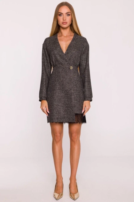 Elegancka sukienka tweedowa trapezowa kopertowa czarna