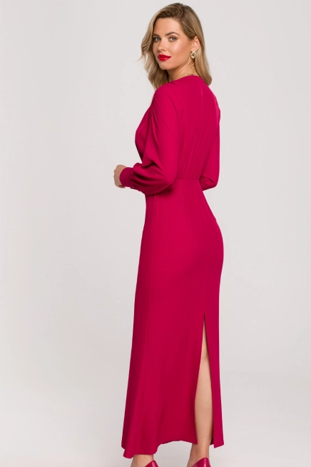 Długa wieczorowa sukienka rybka z bufiastymi rękawami śliwkowa