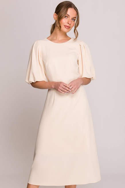 Elegancka sukienka koktajlowa z bufiastymi rękawami kremowa