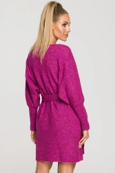 Sukienka sweterkowa kopertowa z dekoltem V różowa z wełną