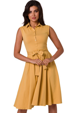 Sukienka rozkloszowana bawełniana z kołnierzykiem żółta