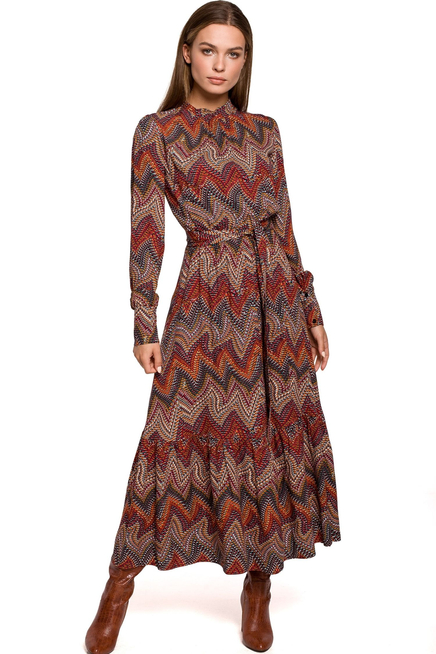 Długa sukienka BOHO z falbankami i długim rękawem czerwona