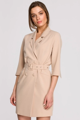 Elegancka sukienka marynarkowa z paskiem beżowa