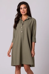 Luźna sukienka z kołnierzykiem guzikami i kieszeniami oliwka