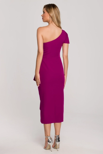 Koktajlowa sukienka na jedno ramię ołówkowa z falbaną fiolet