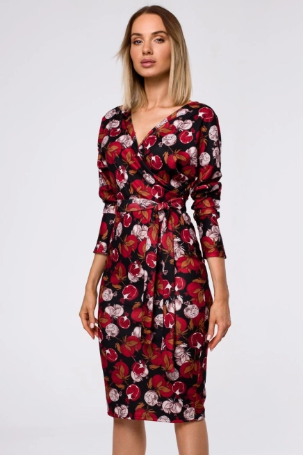 Dopasowana sukienka dzianinowa z kopertową górą i nadrukiem