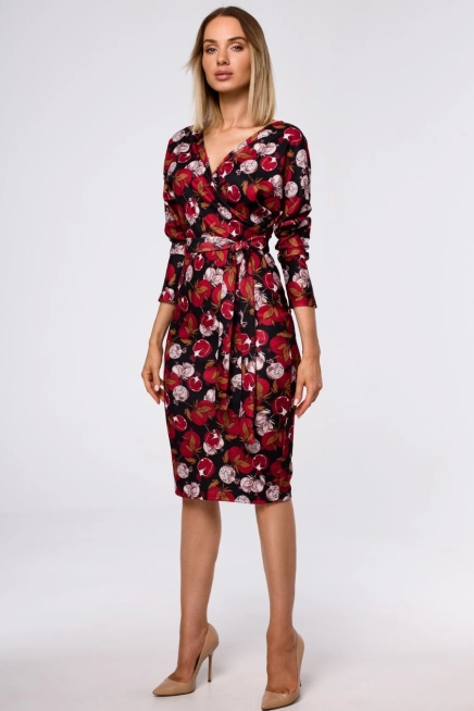 Dopasowana sukienka dzianinowa z kopertową górą i nadrukiem