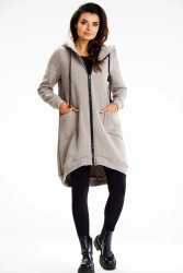 Długa bluza damska z kapturem i kieszeniami szary