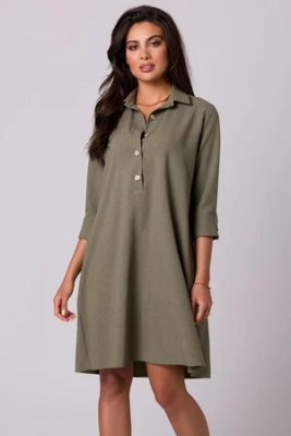 Luźna sukienka z kołnierzykiem guzikami i kieszeniami oliwka