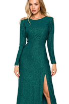 Suknia wieczorowa z rozcięciem na nodze długi rękaw butelkowa zieleń