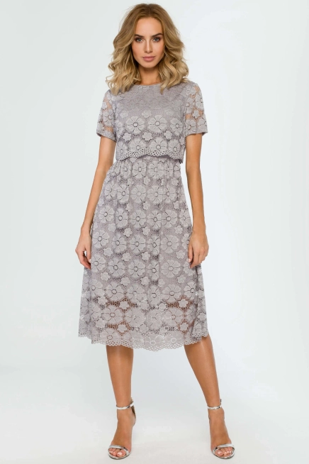 Sukienka na wesele koronkowa lekko rozkloszowana midi szara