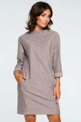 Ciepła dzianinowa sukienka z kieszeniami sportowy styl szara bawełna