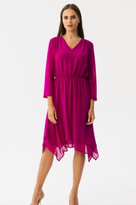 Elegancka zwiewna sukienka szyfonowa wizytowa śliwkowa